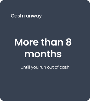 Cash runway KPI card showing a business has 8 more months till they run out of money