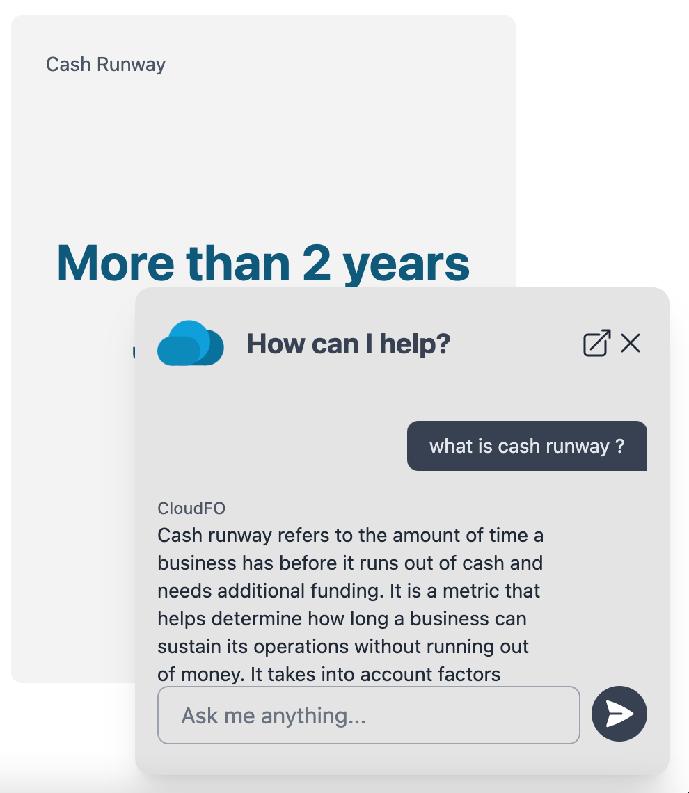 Image showing a chat conversation with a chat bot - the user question is "what is cash runway?" the CloudFO bot responds with the definition