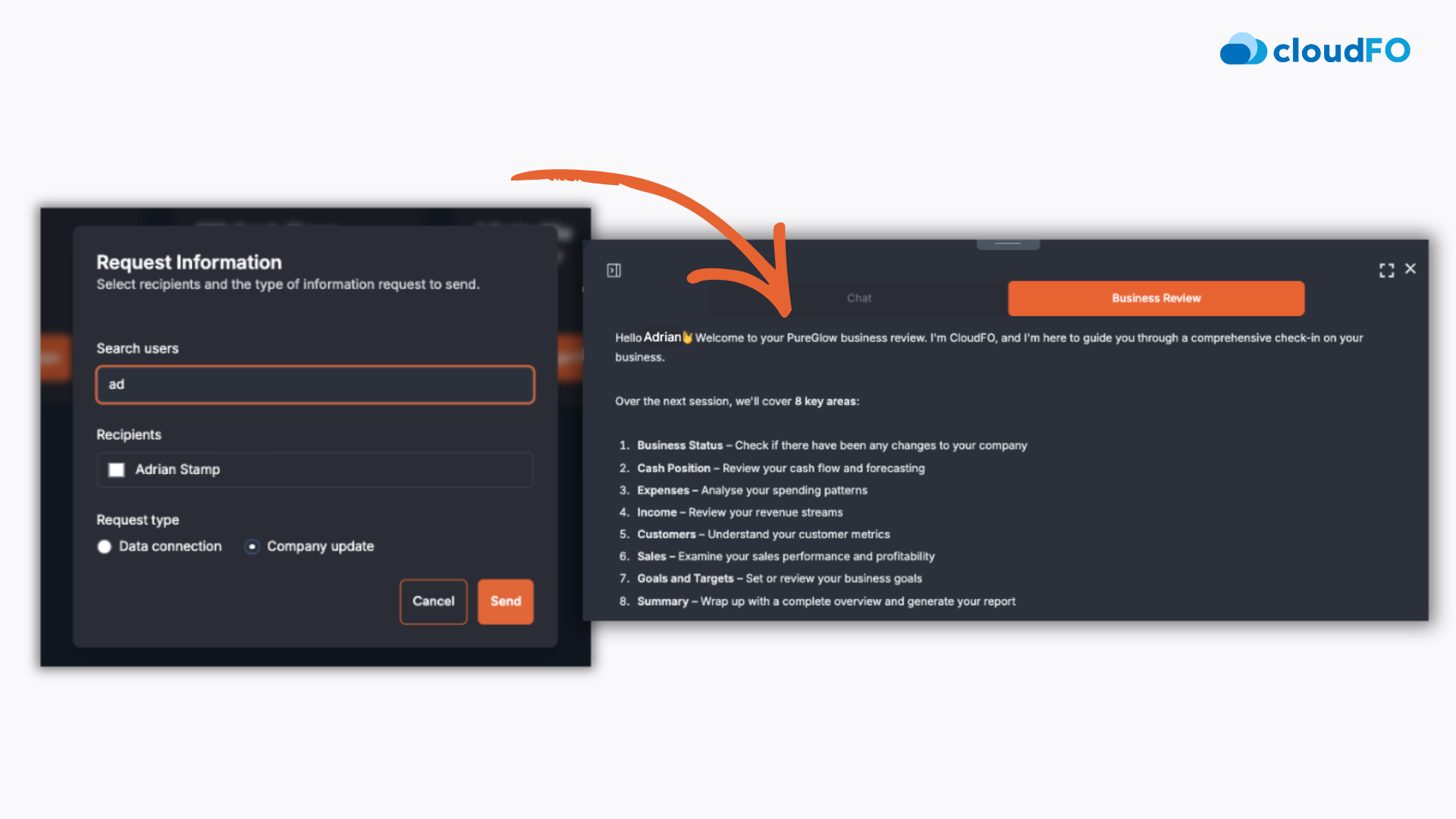 screenshot of CloudFO the AI finance colleague help accountants, advisors or Fractional CFO get updates from their clients 