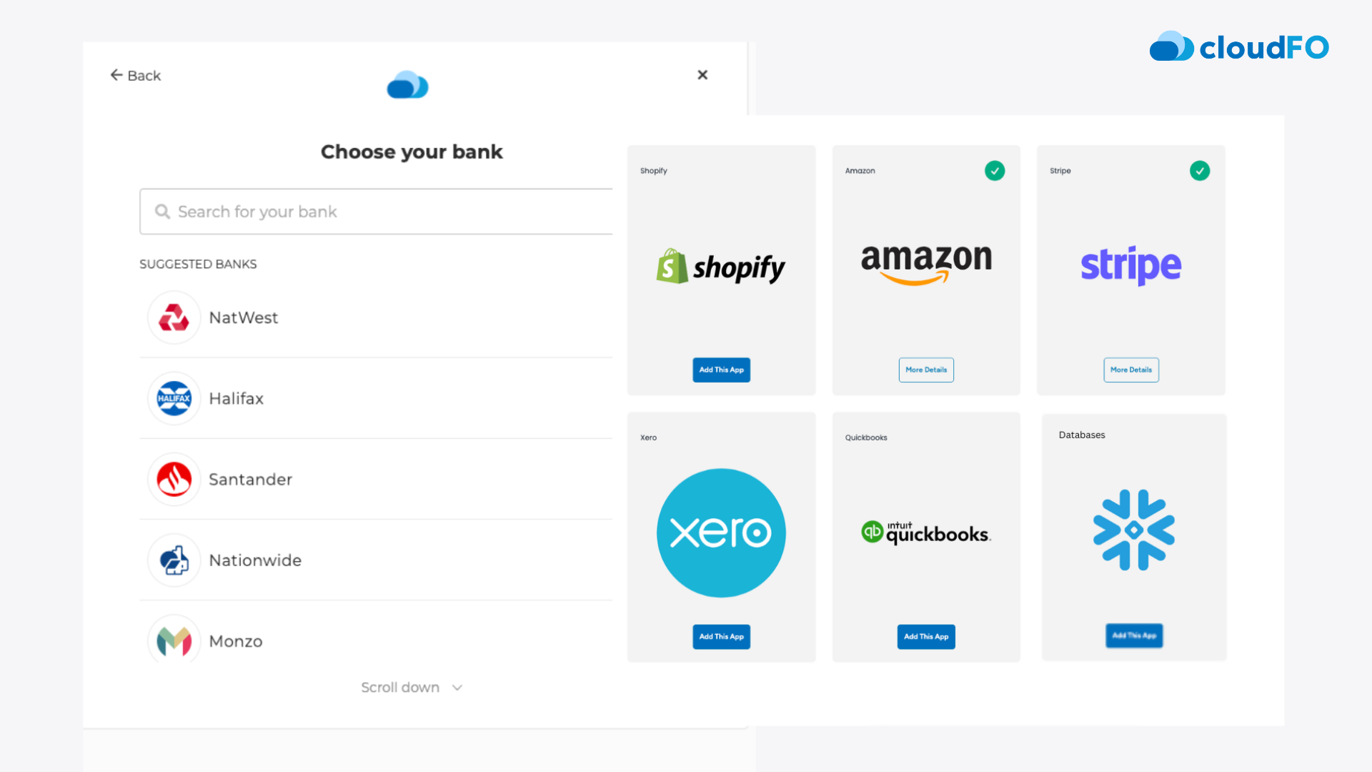 Screenshot of CloudFO the AI finance colleague and some of the available data integrations